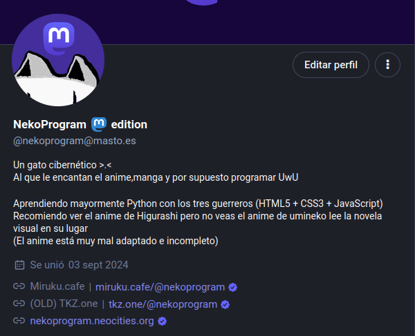 Imagen de la instancia masto.es con mi perfil nekoprogram  mostrando el enlace verificado de mi página web de neocities con un check morado