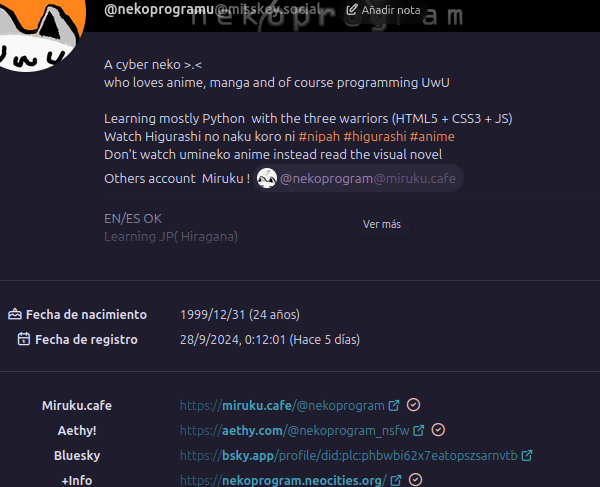Imagen de la instancia misskey.social con mi perfil nekoprogram  mostrando el enlace verificado de mi página web de neocities con un check morado